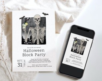 Halloween Block Party Invitation, Modern Halloween Street Party Invitation, Skeleton Halloween Block Party Invite, Digital, Printable, F157