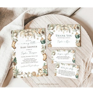 Christmas Baby Shower Invitation Bundle Set, December Baby Shower Bundle, Boho Christmas Baby Shower Invite Set, Gender Neutral, F160