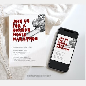 Horror Movie Night Invitation, Scary Movie Night Invite, Halloween Movie Night Invitation, Horror Movie Birthday, Chainsaw Invite, F157