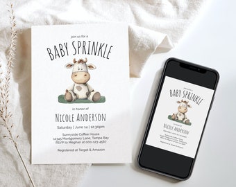 Cow Baby Sprinkle Invitation, Farm Theme Baby Sprinkle Invitation, Rustic Country Baby Sprinkle Invite Printable Editable Digital