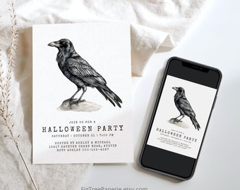 Vintage Halloween Party Invitation, Adult Halloween Party Invitation, Raven Halloween Party Invite, Modern Halloween Party Invite F157