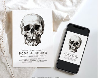 Skull Halloween Party Invitation, Boos and Booze Halloween Party Invitation, Costumes & Cocktails Halloween Invite, Digital, F157