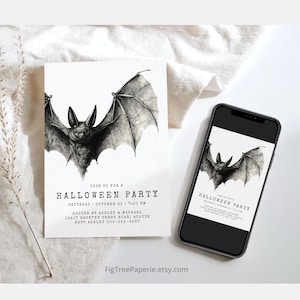 Vintage uitnodiging voor Halloween-feest, moderne uitnodiging voor Halloween-feest, minimalistische Halloween-feest uitnodigen, vleermuis Halloween-feestje uitnodigen F157