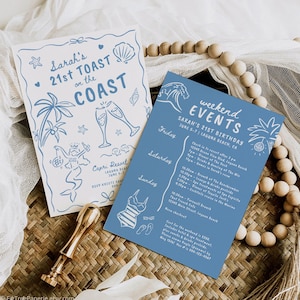 May include: Two blue and white illustrated cards for a 21st birthday party. The first card says "Sarah's 21st Toast on the Coast" with a mermaid, palm trees, and champagne glasses. The second card says "Weekend Events" with a schedule of events for the weekend. The text says "Sarah's 21st Birthday June 5-7 Laguna Beach, CA".