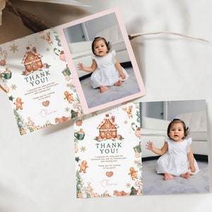 Photo Thank You Card Pink Gingerbread Christmas Cookies and Cocoa Theme, Hot Chocolate Cookie Party Thank You Photo Card Birthday, F159
