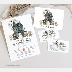 Halloween Baby Shower Invitation Bundle Set, Ghost A Little Boo Is Due Baby Shower Invite, Cute October Baby Shower Digital Invitation, F166