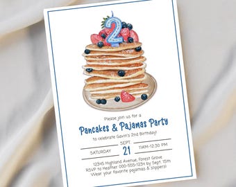 Pancakes and Pajamas 2nd Birthday Invitation Boy, Second Birthday Party Invite Instant Digital Download