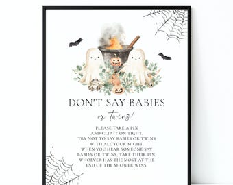 Don't Say Babies or Twins Halloween Baby Shower Sign, A Baby is Brewing Ghost Baby Shower Party Decor for Twin Boys F176