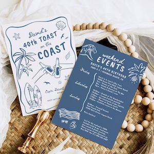 May include: Two invitation cards with a beach theme. One card has the text "David's 40th Toast on the Coast" with illustrations of palm trees, surfboards, and a bottle. The other card lists weekend events with a wave graphic.