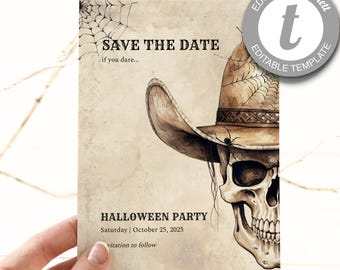 Halloween Party Save the Date, Vintage Halloween Save the Date Invitation Template, Western Skull Halloween Save the Date Editable Digital