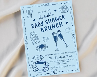 Boy Baby Shower Brunch Invite Hand Drawn Doodle Style, Blue Breakfast Shower Invitation Digital