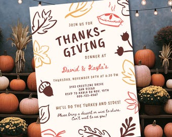 Thanksgiving Invitation Hand Drawn Doodle Style, Casual Thanksgiving Potluck Dinner Invite Editable Digital Download Printable