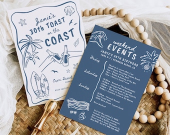 30th Beach Birthday Invitation Events Itinerary Man Woman | Adult Summer Birthday Invite Toast on Coast Beer Party Hand Drawn Doodle F175