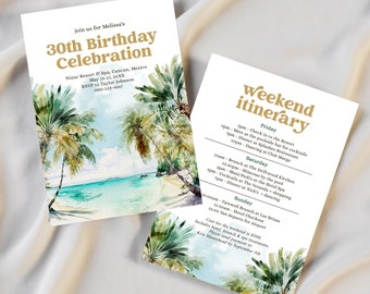 May include: A tropical-themed invitation for a 30th birthday celebration. The invitation features a watercolor illustration of palm trees and a beach scene. The text reads "Join us for Melissa's 30th Birthday Celebration" and includes the location, date, and RSVP information.