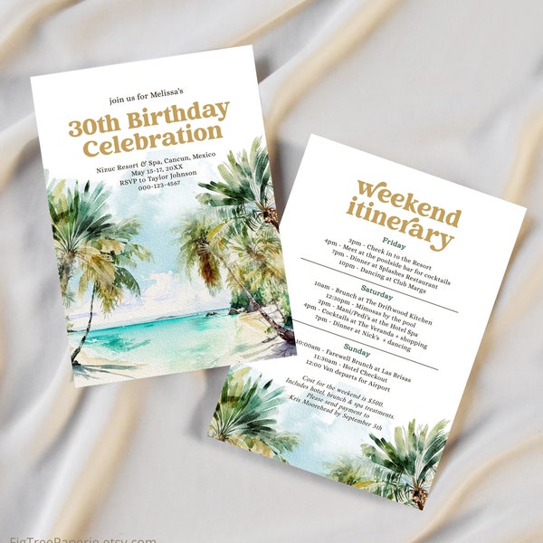 Itinéraire Invitation 30e anniversaire plage tropicale, 40e anniversaire voyage filles tropicales week-end inviter Miami Mexique Caraïbes numérique imprimable