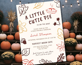 A Little Cutie Pie Baby Sprinkle Invitation, Fall Pumpkin Baby Sprinkle Invite, Thanksgiving Diaper Shower Invitation Harvest Hand Drawn