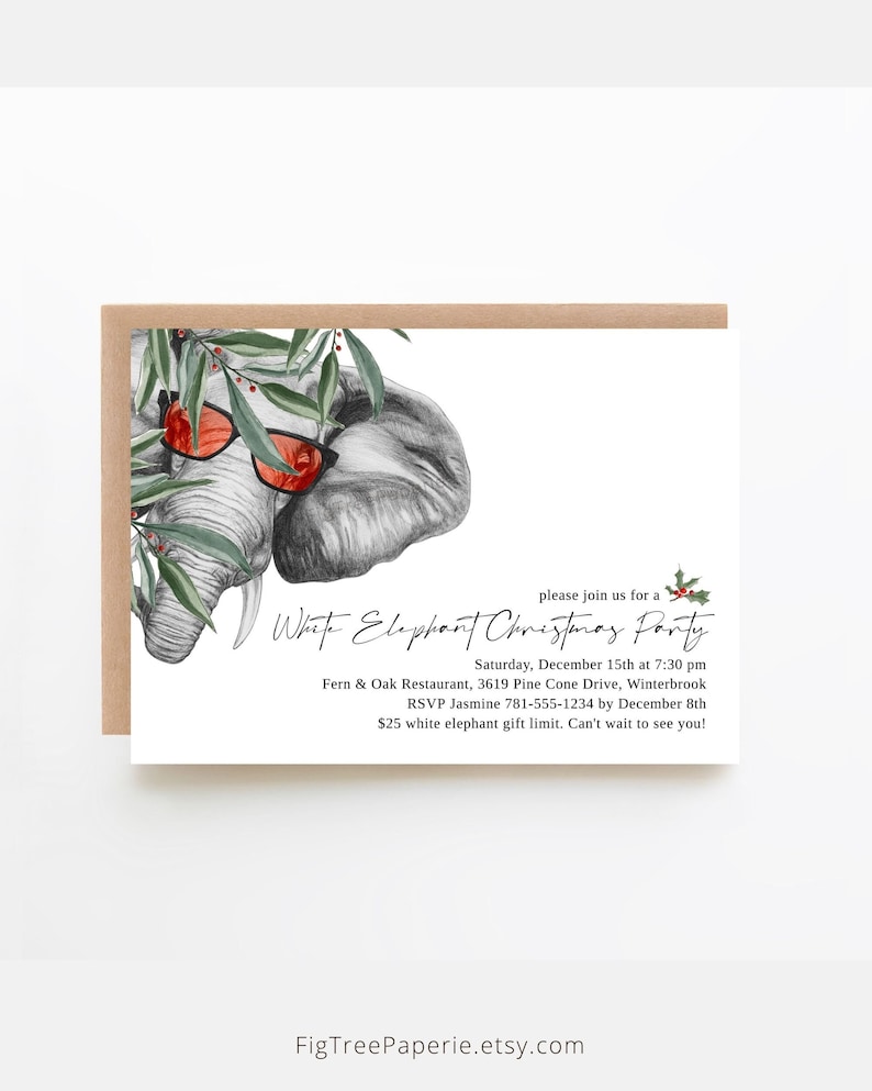 Modern White Elephant Christmas holiday party invitation. Features elephant with red sunglasses peering out from behind greenery. Editable text so you can personalize. Print or text phone invite or evite, digital download printable.