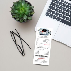 May include: A blue and white printable tooth fairy receipt with a pirate tooth character. The receipt includes a name, date, age, location, condition, payment, and tooth fairy notes. The text on the receipt reads "Lost Tooth Collection Receipt".