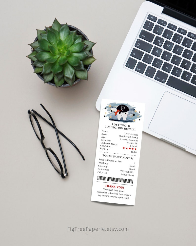 May include: A blue and white printable tooth fairy receipt with a pirate tooth character. The receipt includes a name, date, age, location, condition, payment, and tooth fairy notes. The text on the receipt reads "Lost Tooth Collection Receipt".