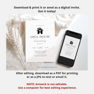 May include: A printable digital invitation for a housewarming party. The invitation features a black and white illustration of a house with a heart on the door. The text on the invitation reads "Join us for an Open House Housewarming Party" and includes the date, time, and address of the party.