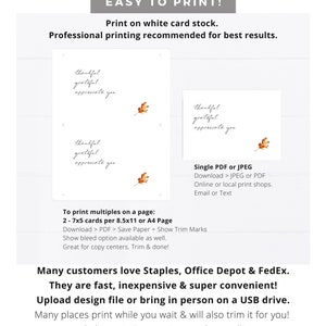 May include: Printable thank you cards with a fall leaf design. The cards say "thankful, grateful, appreciate you". The text also includes instructions for printing the cards at home or at a print shop.