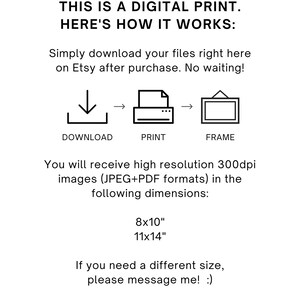 May include: Digital printable art download instructions.  Download the high resolution 300 dpi images in JPEG and PDF formats.  Available sizes are 8x10 inches and 11x14 inches.
