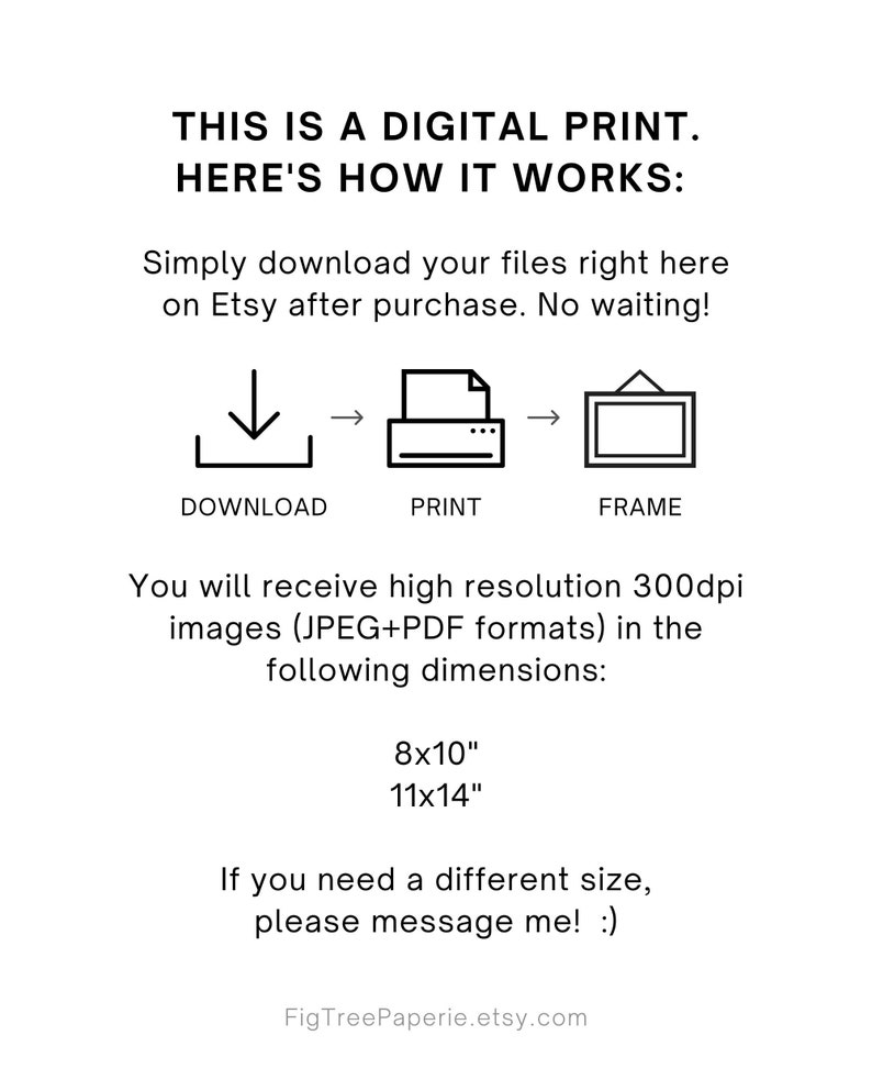 May include: Digital printable art download instructions.  Download the high resolution 300 dpi images in JPEG and PDF formats.  Available sizes are 8x10 inches and 11x14 inches.