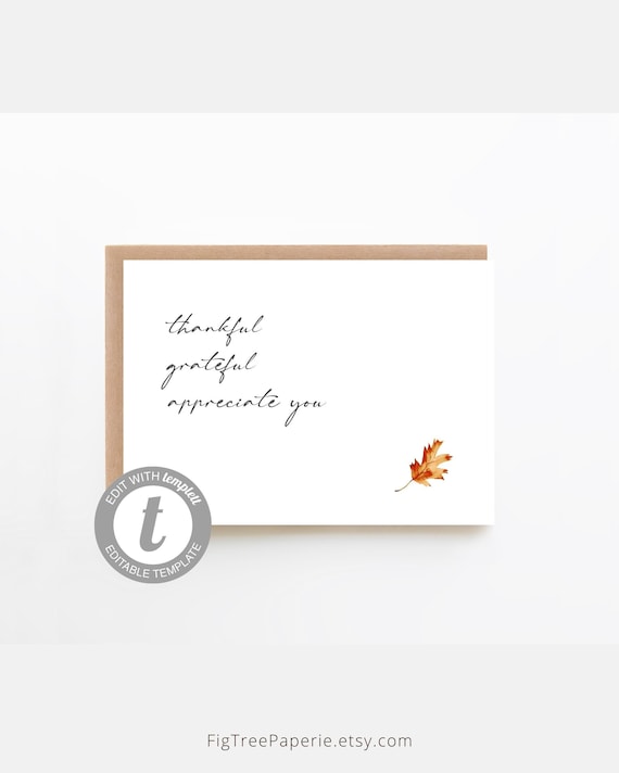 Thankful Card Printable, Printable Appreciate You Card, Thanksgiving Cards, Grateful, Modern Thanksgiving Card, Customer Appreciation