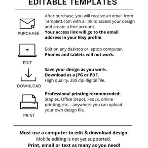 May include: A black and white graphic with the text "HOW IT WORKS: EDITABLE TEMPLATES." Instructions include purchasing, editing on a computer, downloading as a JPG or PDF, and printing. The Etsy shop name is FigTreePaperie.etsy.com.