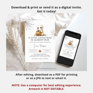 May include: A printable baby shower invitation with a cute ghost holding a jack-o-lantern. The invitation is decorated with a spiderweb design and the text "A Cute Little Boo Is Almost Due".