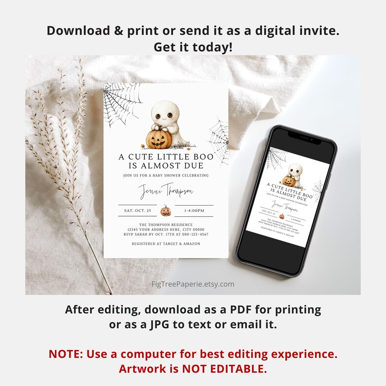 May include: A printable baby shower invitation with a cute ghost holding a jack-o-lantern. The invitation is decorated with a spiderweb design and the text "A Cute Little Boo Is Almost Due".