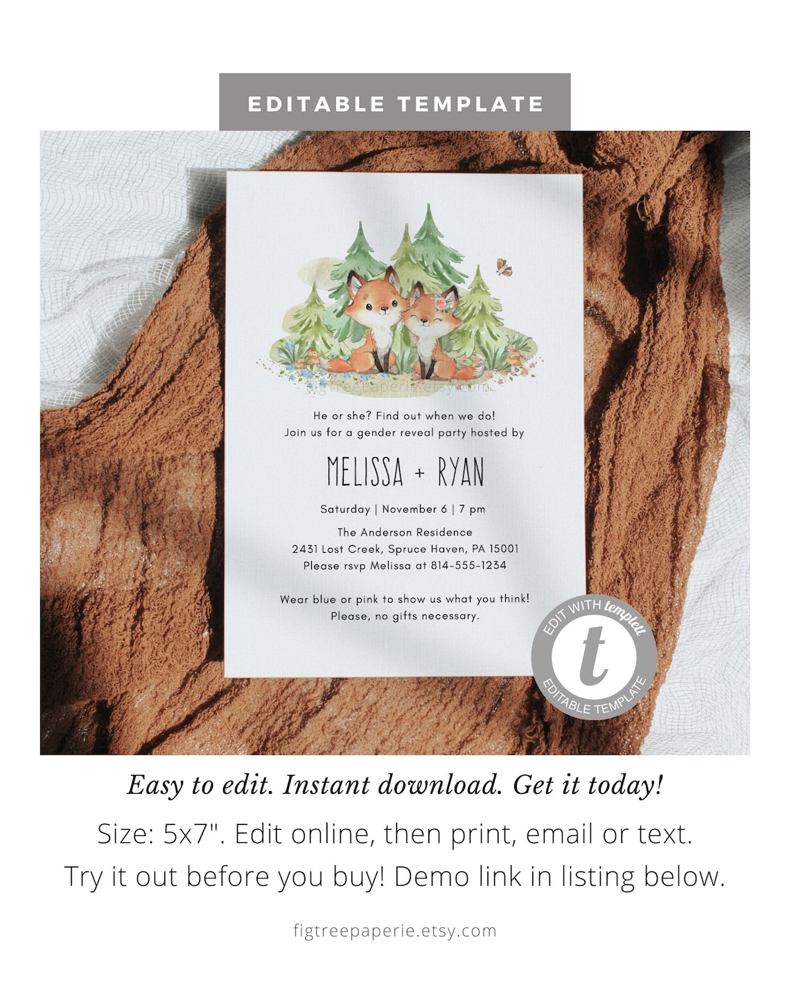 Cute Fox Gender Reveal Invitation Woodland Gender Reveal Etsy