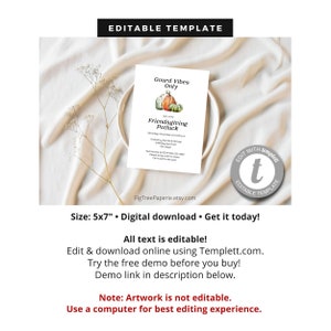 Puede incluir: Plantilla editable para una invitaci&oacute;n a un potluck de Acci&oacute;n de Gracias entre amigos. La invitaci&oacute;n presenta una ilustraci&oacute;n de acuarela de calabazas y el texto "Gourd Vibes Only". El texto de la invitaci&oacute;n dice: "&Uacute;nete a nosotros para un potluck de Acci&oacute;n de Gracias entre amigos, s&aacute;bado 23 de noviembre de 2019, de 2:00 a 5:00 pm, Organizado por: [Nombre] y [Nombre], [Direcci&oacute;n], San Diego, Env&iacute;a un mensaje de texto al [N&uacute;mero de tel&eacute;fono] para confirmar tu asistencia, Por favor, h&aacute;znos saber si puedes compartir, &iexcl;No podemos esperar a verte!"