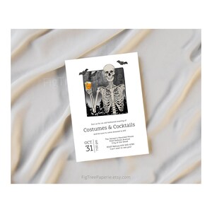 May include: Halloween party invitation featuring a skeleton holding a cocktail. The invitation includes the text "Costumes & Cocktails" and event details. Bats and a spooky background complete the design. The date is October 31st.
