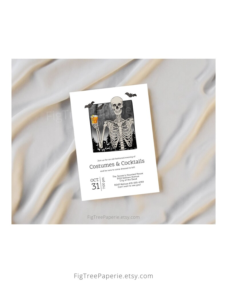 May include: Halloween party invitation featuring a skeleton holding a cocktail. The invitation includes the text "Costumes & Cocktails" and event details. Bats and a spooky background complete the design. The date is October 31st.