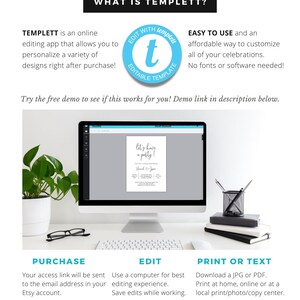 May include: A computer screen displays a wedding invitation template with the text "let's have a party!". The image promotes an online editing app, TEMPLETT, with instructions to purchase, edit, and print or text the design. The image includes text: "EASY TO USE" and "EDITABLE TEMPLATE".