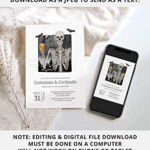 May include: Halloween-themed invitation featuring a skeleton holding a cocktail, bats, and the text "Costumes & Cocktails." The invitation is displayed on a white card and a smartphone, with the date October 31st.