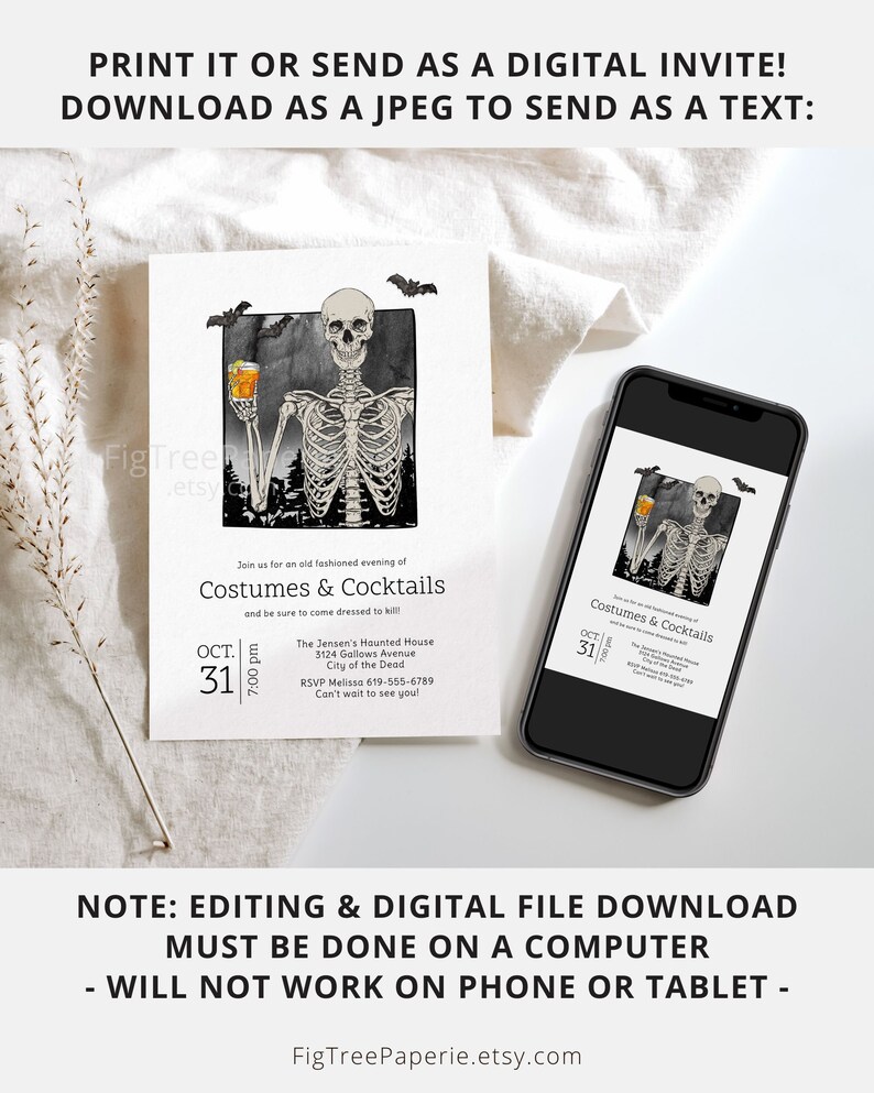 May include: Halloween-themed invitation featuring a skeleton holding a cocktail, bats, and the text "Costumes & Cocktails." The invitation is displayed on a white card and a smartphone, with the date October 31st.