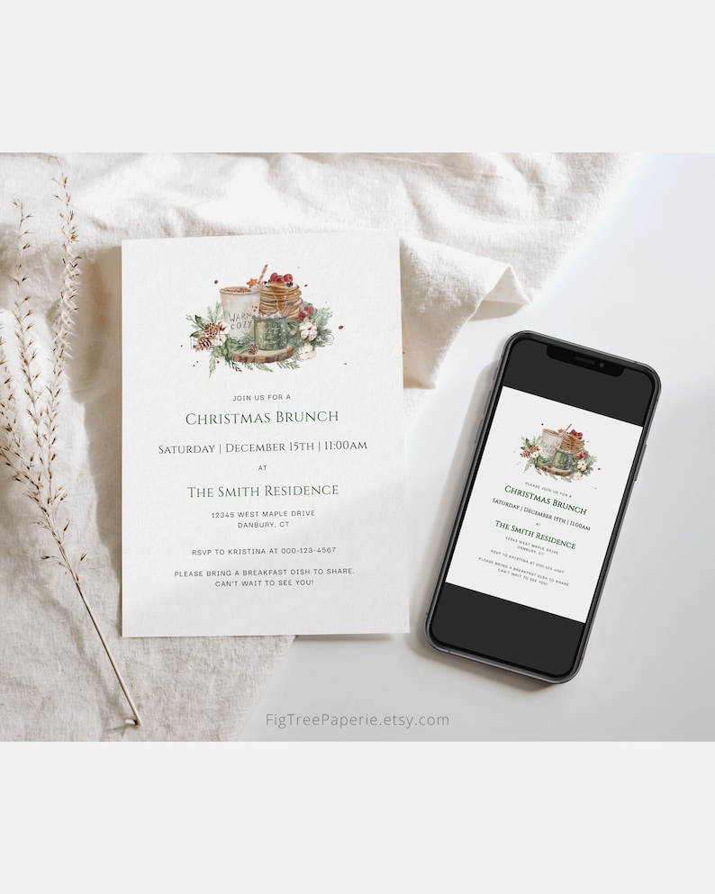 May include: A Christmas brunch invitation with a watercolor illustration of a mug of hot cocoa, a stack of pancakes, and berries. The invitation is for Saturday, December 15th at 11:00 AM at The Smith Residence, 12345 West Maple Drive, Danbury, CT. RSVP to Kristina at 000-123-4567. Please bring a breakfast dish to share. Can't wait to see you!