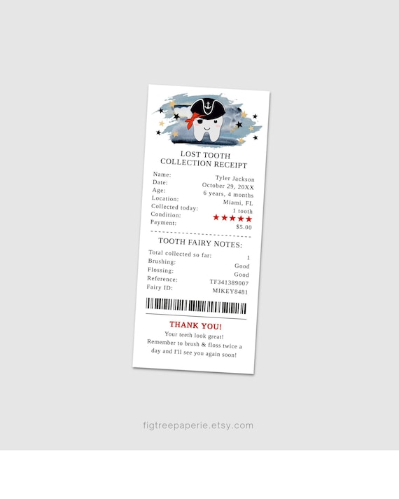 Tooth Fairy Receipt Template, Lost Tooth Printable Template, Pirate Tooth Fairy Boy, Halloween Kids Tooth Fairy Keepsake