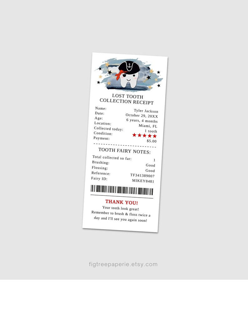 Pirate tooth fairy receipt printable featuring a cute tooth character in a pirate hat, with personalized lost tooth details, payment, Tooth Fairy notes, and barcode.
Edit, download and print at home. Printable.