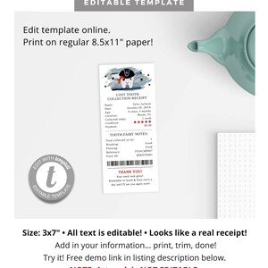 May include: Editable template for a lost tooth collection receipt. The receipt features a cartoon pirate with a tooth and stars. The template includes fields for the child's name, date, age, location, condition of the tooth, payment, and tooth fairy notes. The text "Lost Tooth Collection Receipt" is at the top of the template.
