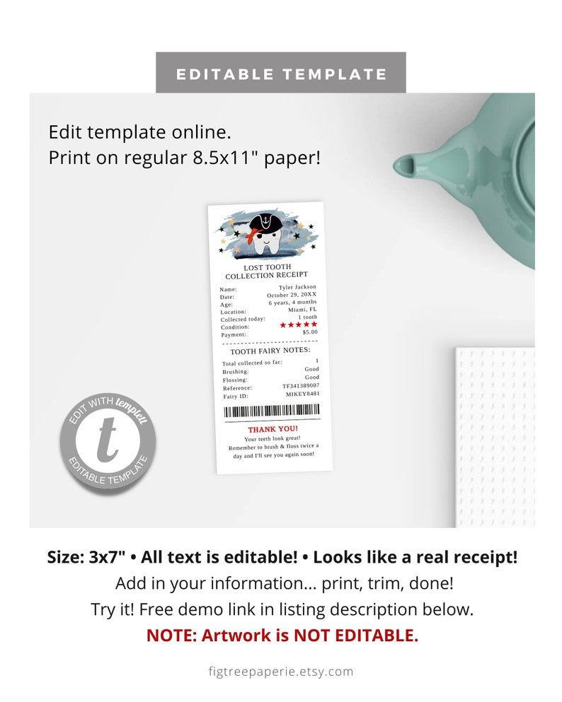May include: Editable template for a lost tooth collection receipt. The receipt features a cartoon pirate with a tooth and stars. The template includes fields for the child's name, date, age, location, condition of the tooth, payment, and tooth fairy notes. The text "Lost Tooth Collection Receipt" is at the top of the template.