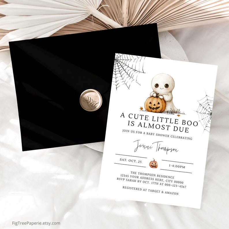 May include: A white baby shower invitation with a cute ghost holding a jack-o-lantern. The text reads "A Cute Little Boo Is Almost Due".