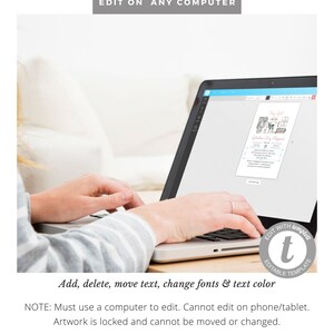May include: A person is using a laptop to edit a printable template. The template is for a "First Day of School" sign with a pink and white color scheme. The text on the template says "First Day of School" and includes a list of school supplies. The text on the laptop screen says "Edit with Templett, Editable Template".