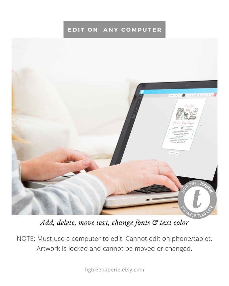 May include: A person is using a laptop to edit a printable template. The template is for a "First Day of School" sign with a pink and white color scheme. The text on the template says "First Day of School" and includes a list of school supplies. The text on the laptop screen says "Edit with Templett, Editable Template".