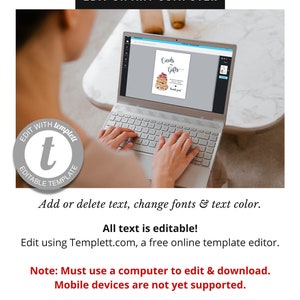 May include: A laptop computer screen displaying a digital template for a "Cards & Gifts" sign with a pancake stack illustration. The text "Edit on any computer" is displayed above the laptop. The text "Edit with Templett" is displayed in a circle with a lowercase "t" in the center. The text "Add or delete text, change fonts & text color. All text is editable! Edit using Templett.com, a free online template editor. Note: Must use a computer to edit & download. Mobile devices are not yet supported. FigTreePaperie.etsy.com" is displayed below the laptop.