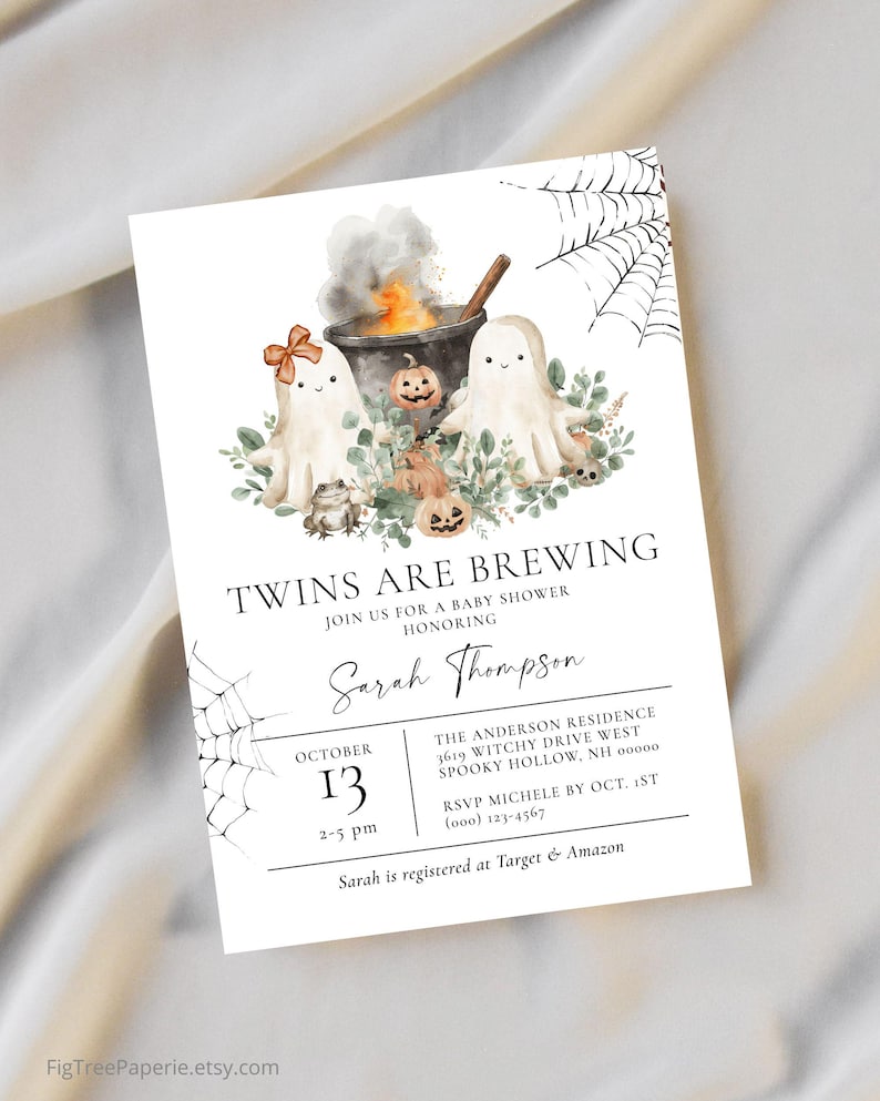 May include: A Halloween-themed baby shower invitation with the text "Twins Are Brewing." The design features watercolor illustrations of ghosts, pumpkins, a cauldron, and spiderwebs. The invitation includes event details and RSVP information.