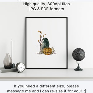 May include: A digital printable featuring a watercolor illustration of a crow perched on a branch with a jack-o'-lantern. The illustration is set against a white background. Sizes included: 8x10 and 11x14. High quality, 300dpi files. JPG & PDF formats.