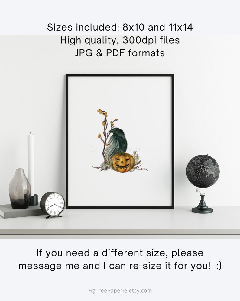 May include: A digital printable featuring a watercolor illustration of a crow perched on a branch with a jack-o'-lantern. The illustration is set against a white background. Sizes included: 8x10 and 11x14. High quality, 300dpi files. JPG & PDF formats.